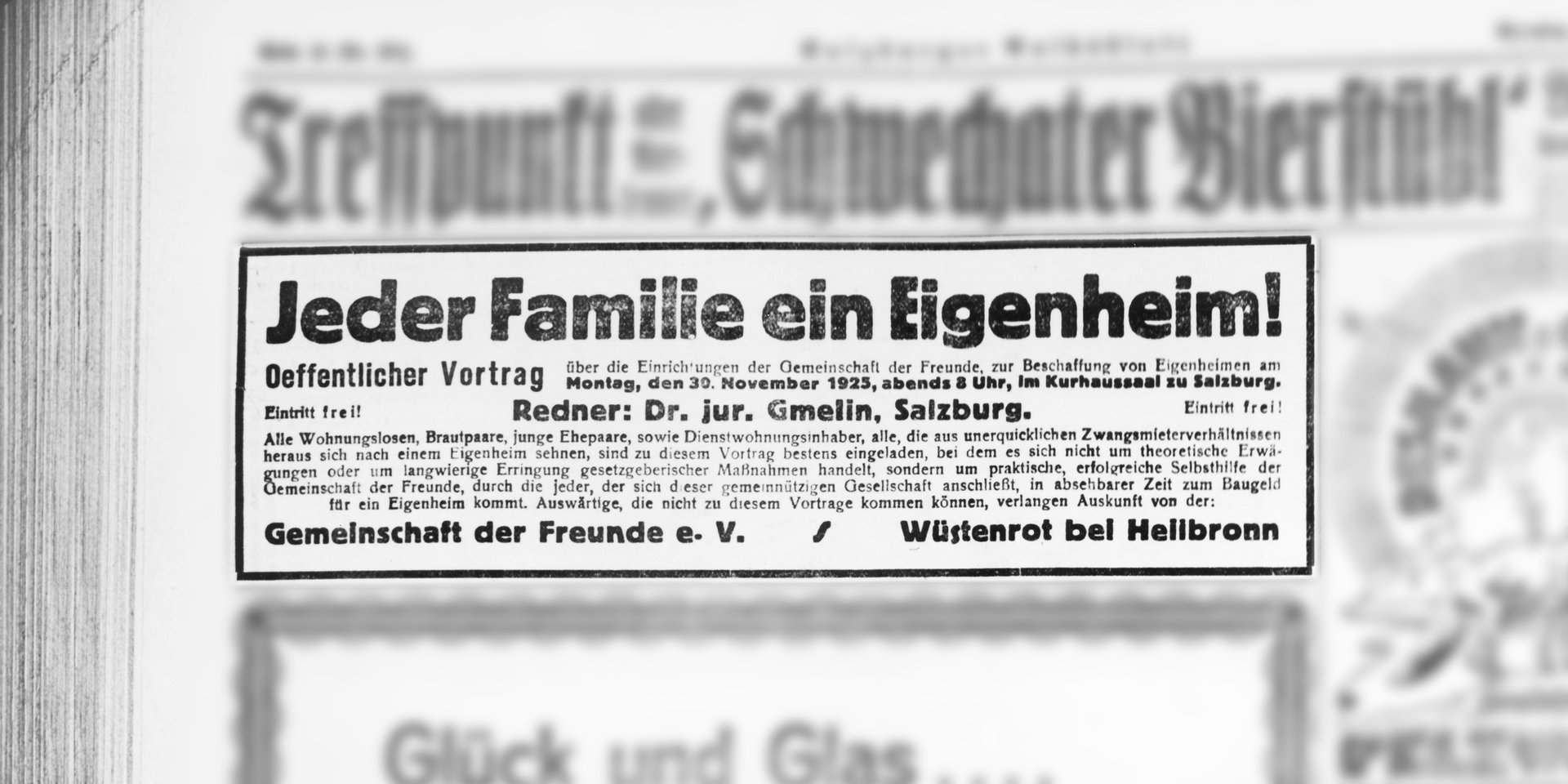 das Zeitungsinserat zum 1. öffentlichen Vortrag von Wüstenrot Österreich am 30.11.1925